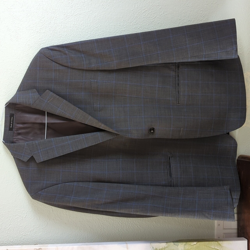 46R Calvin Klein Grey with blue and black plaid pattern.